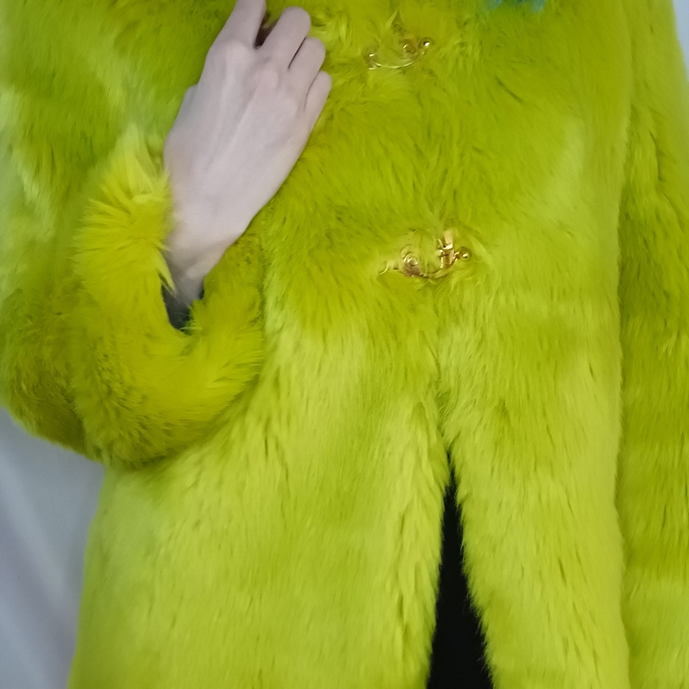 Chartreuse Faux Fur Coat with Teal Satin Lining. - Picture 7 of 8